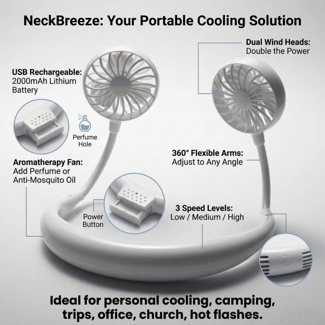 NeckBreeze™  | Hands-Free Neck Fan — Wearable Portable Cooling Fan with USB Rechargeable Battery, 3 Speeds & Dual Wind Heads (WHITE)