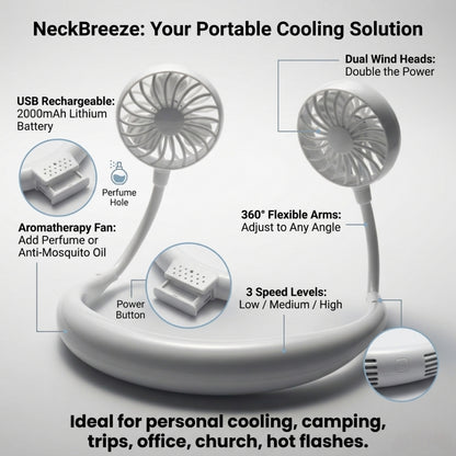 NeckBreeze™  | Hands-Free Neck Fan — Wearable Portable Cooling Fan with USB Rechargeable Battery, 3 Speeds & Dual Wind Heads (WHITE)