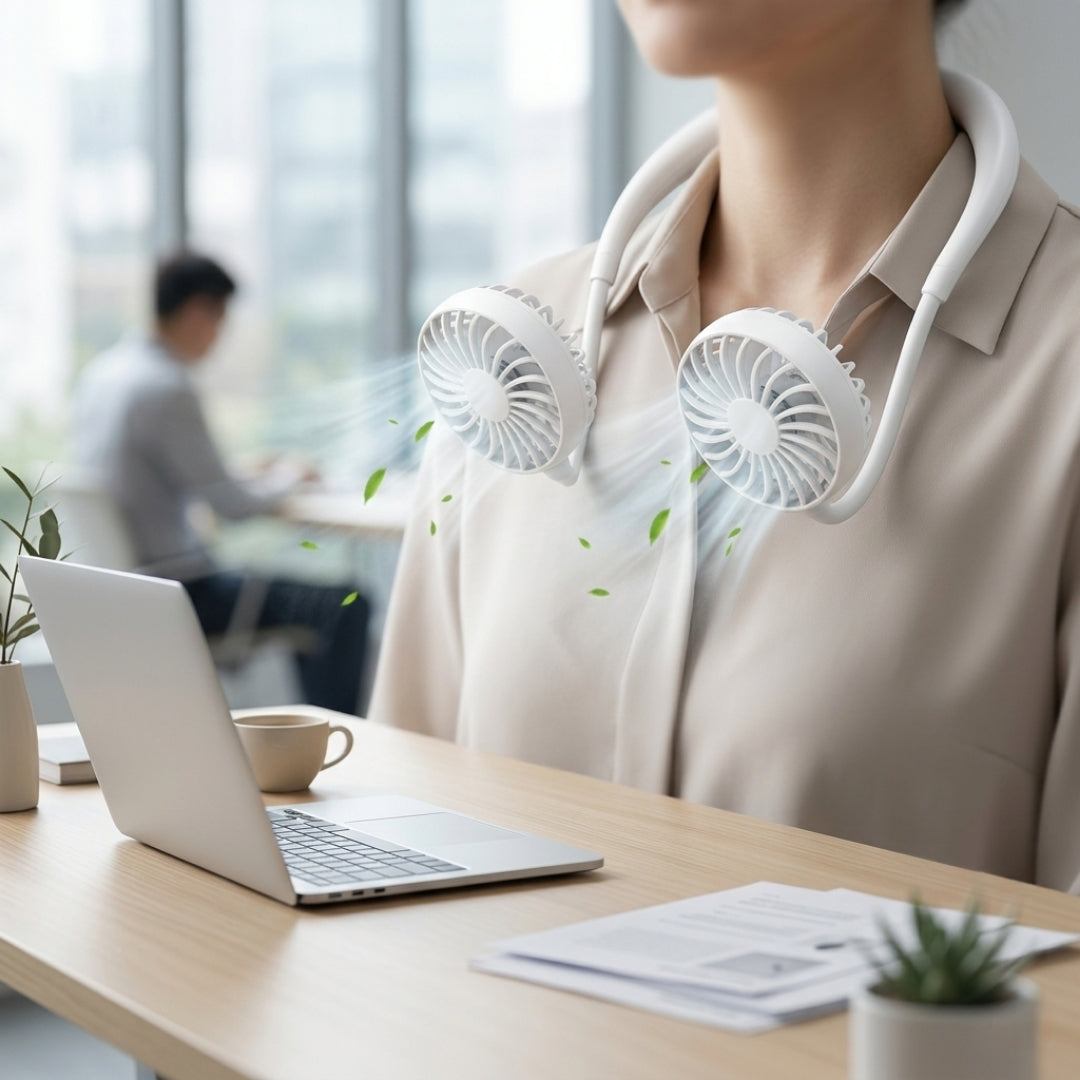 NeckBreeze™  | Hands-Free Neck Fan — Wearable Portable Cooling Fan with USB Rechargeable Battery, 3 Speeds & Dual Wind Heads (WHITE)
