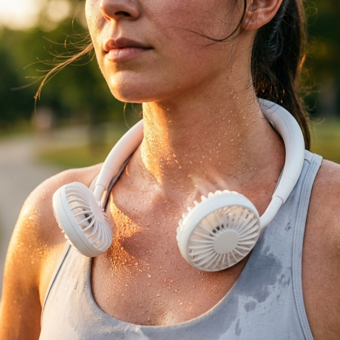 NeckBreeze™  | Hands-Free Neck Fan — Wearable Portable Cooling Fan with USB Rechargeable Battery, 3 Speeds & Dual Wind Heads (WHITE)
