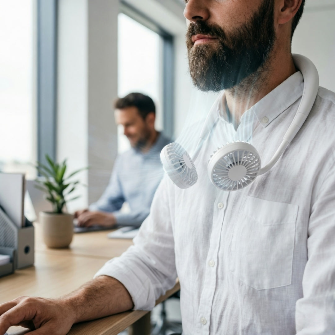 NeckBreeze™  | Hands-Free Neck Fan — Wearable Portable Cooling Fan with USB Rechargeable Battery, 3 Speeds & Dual Wind Heads (WHITE)